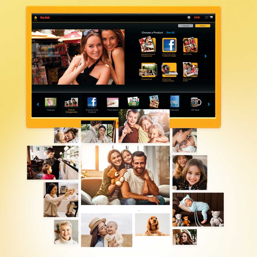 Imagen de pantalla de impresora KODAK junto a un collage de fotografías.